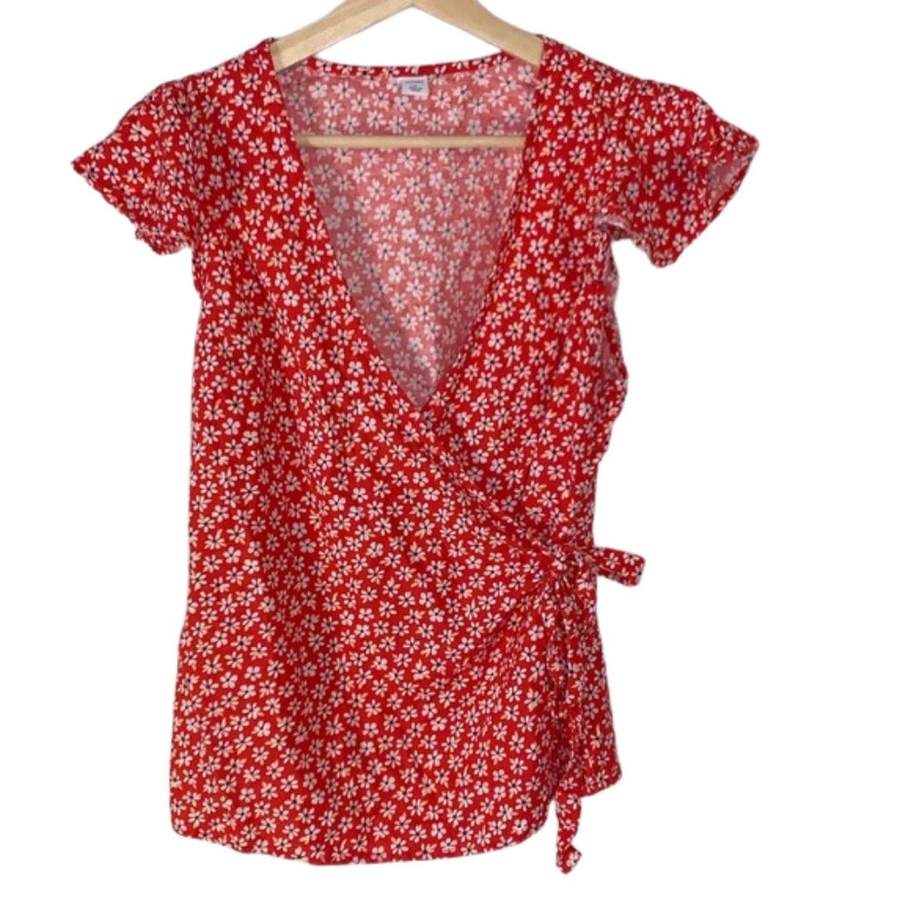 EUC Old Navy red floral wrap shirt